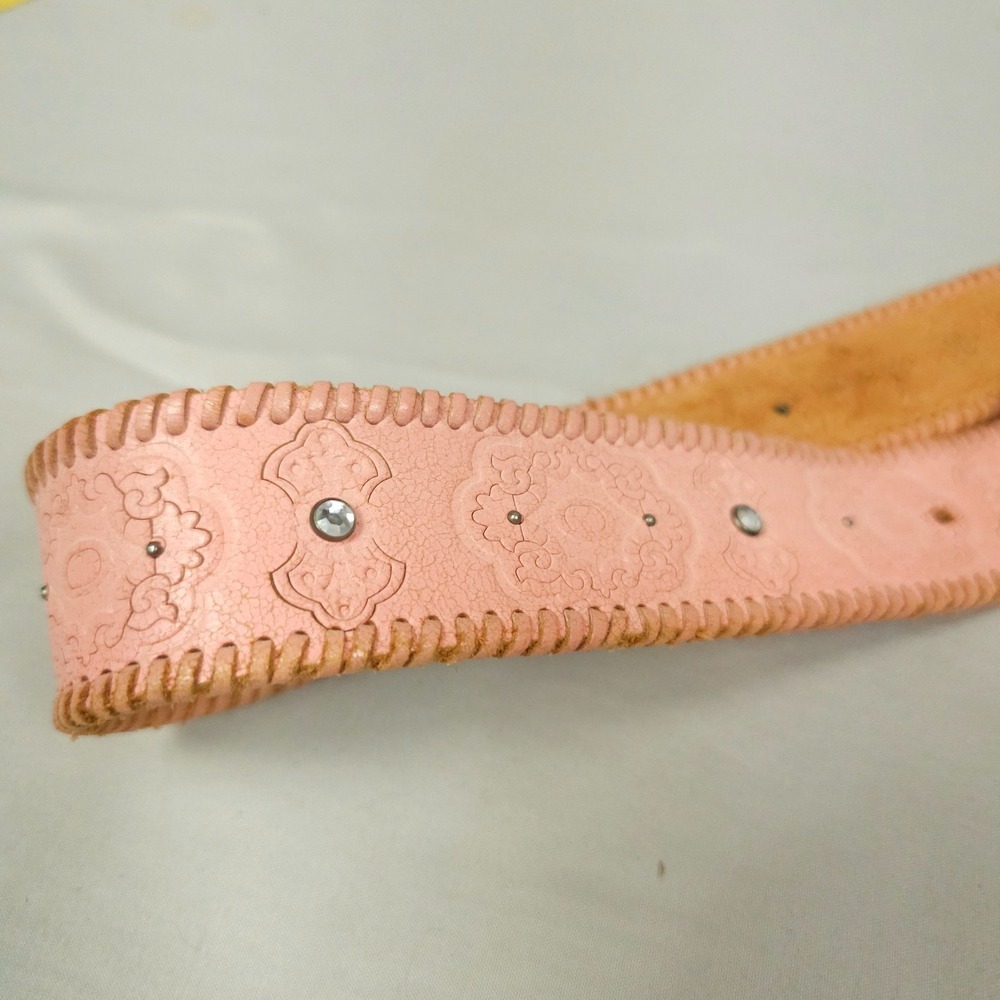 Fossil Western Belt Women Medium Pink Leather Woven Tooled Rhinestone Studded - Picture 5 of 12